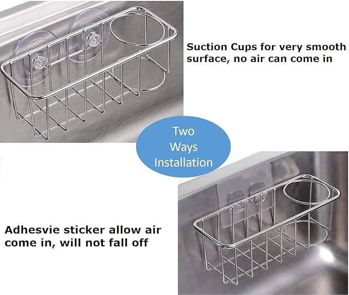 Sink Caddy Sponge Holder for Kitchen Sink 2 Suspension Options(Suction Cups and Adhesive Hook), SUS304 Stainless Steel, Silver