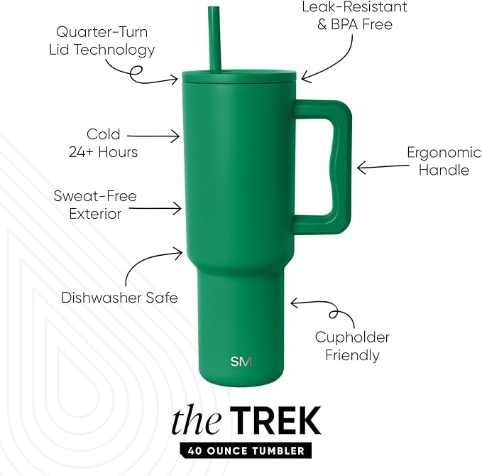 Simple Modern 40 oz Trek Tumbler with Handle and Straw Lid | Cup Holder Friendly Insulated Stainless Steel Travel Mug | Kelly Green