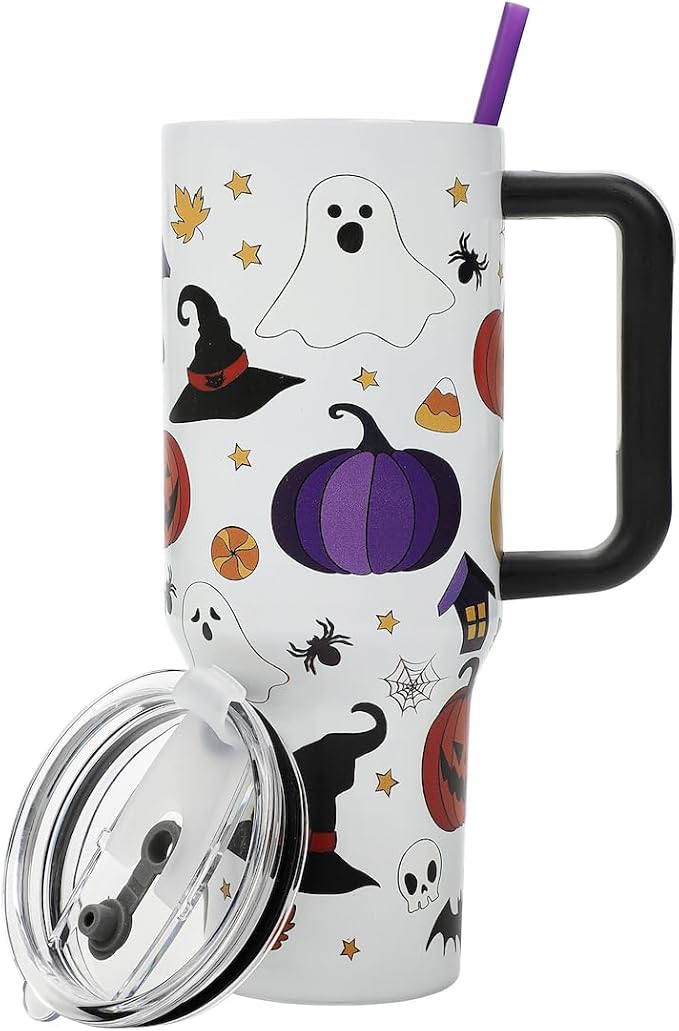 Bioworld Halloween Scary Icons 40 Oz Vacuum Insulated White Stainless Steel Tumbler with Handle & Leak-Proof Lid, Double-Wall Design for Hot or Cold Drinks