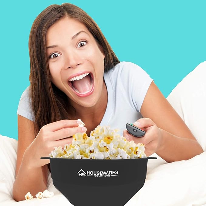 Collapsible Silicone Microwave Hot Air Popcorn Popper Bowl With Lid and Handles (Black)