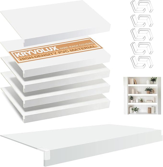 5 Pcs Wire Rack Covers 32x12x3 inch PVC Pantry Shelf Cover 0.31 inch Thick Removable Closet Wire Rack Shelf Covers,Decoration Kitchen Bathroom Office Shelving (Light Luxury White,32x12x3 inch)