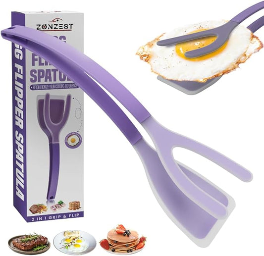 Silicone Egg Flipper Spatula Tongs (Set of 1) – Non-Stick 2-in-1 Grip & Flip Kitchen Tongs for Pancakes, Fish, Eggs, and More – Heat Resistant Cooking Tool (Purple)
