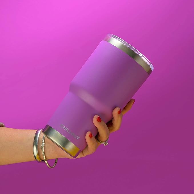Stainless Steel Travel Mug with Handle 30 oz – 6 Piece Set. Tumbler with Handle, Straw, Cleaning Brush & 2 Lids. Double Wall Insulated Large Coffee Mug Bundle - Purple Powder Coated Tumbler