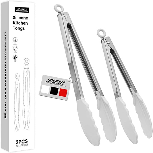 Premium Stainless Steel Heat Resistant Kitchen Tongs for cooking,set of 9" and 12" (White),Non Scratch Silicone cooking Tong Tip for Cooking Pans,Strong Grip BBQ tongs for Grabbing Hot Food