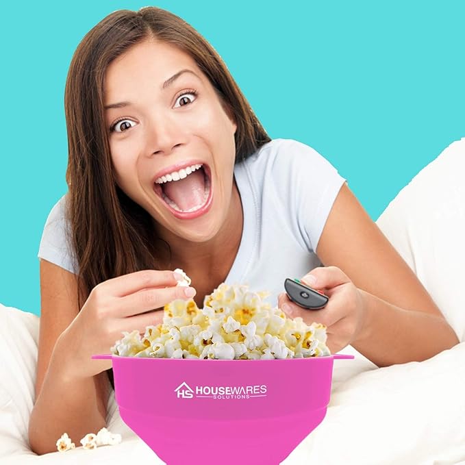 Collapsible Silicone Microwave Hot Air Popcorn Popper Bowl With Lid and Handles (Pink)