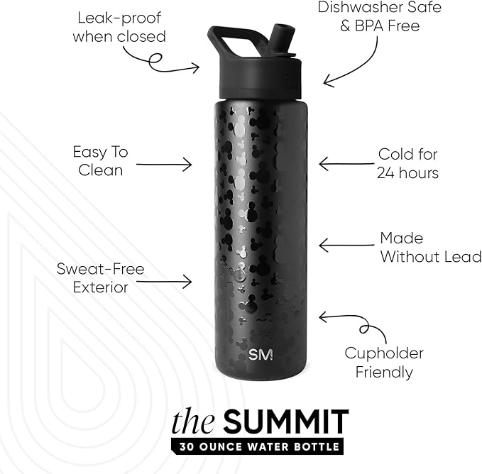 Simple Modern Summit Water Bottle with Straw Lid | Disney 30oz Leak Proof Stainless Steel Insulated Cup | Gifts for Her Him | Iconic Mickey
