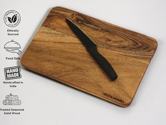 Vesta Homes Wooden Cutting Board for Kitchen/Chopping, Serving Board, Platter for Vegetables, Fruits, Cheese and Charcuterie | Natural Acacia Wood |15 * 10 Inches | Handcrafted in India