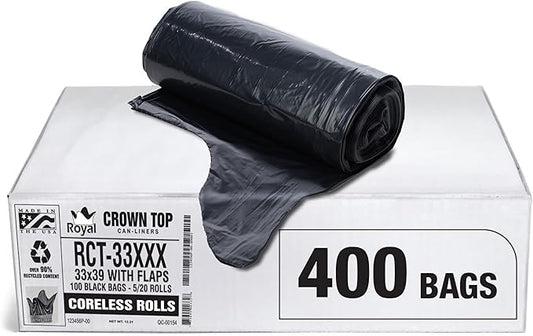 Heavy Duty 33 Gallon Trash Bags (Huge 400 Ct. /w Flap Ties) - 2 MIL equiv. Thick Gauge Large Black Plastic Garbage Liners for Kitchen, Home. Outdoor, Lawn, Yard, Contractors, Brute/Rubbermaid cans