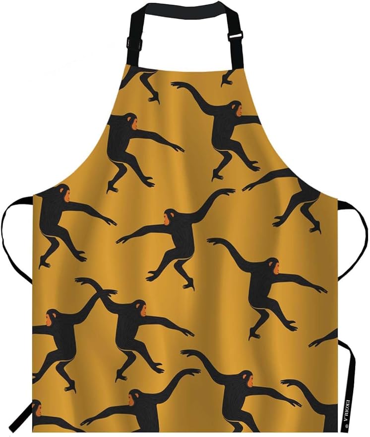 EKOBLA Black Gibbon Monkey Aprons Animal Print The Silhouette Of Funny Animal Jungle Ape Waterproof Resistant Chef Cooking Kitchen BBQ Adjustable Aprons for Women Men 27x31 Inch