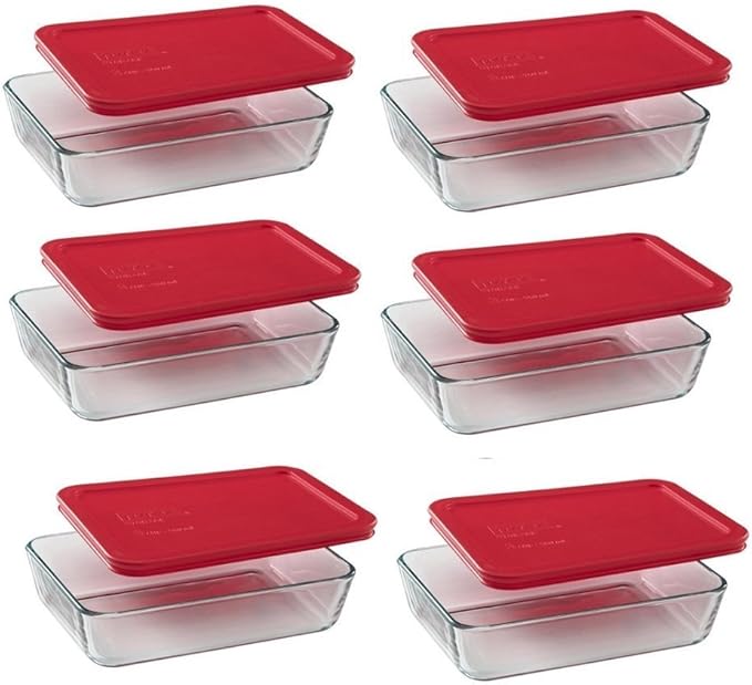 Pyrex (6) 7210 3-Cup Glass Food Storage Dishes & (6) 7210-PC Red Plastic Food Storage Lids