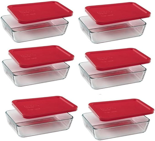 Pyrex (6) 7210 3-Cup Glass Food Storage Dishes & (6) 7210-PC Red Plastic Food Storage Lids