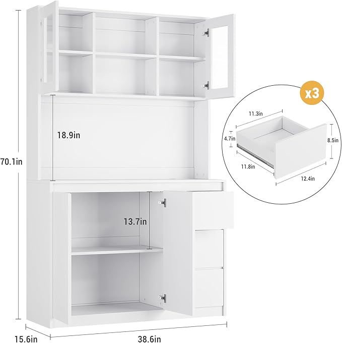 Garvee Kitchen Pantry Cabinet,71 in Tall Storage Cabinet with Doors&Shelves Adjustable, Kitchen Storage Hutch with Microwave Shelf, Led Lights&Charging Station,Corner Pantry Cabinet