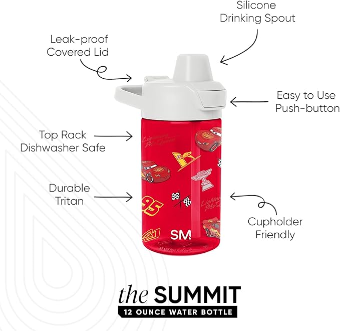 Simple Modern Disney Kids Tritan Plastic Summit Water Bottle | 12 oz BPA-Free Cup with Covered Leak Proof Straw Lid for Boys, Toddlers | Cars Lightning Speed