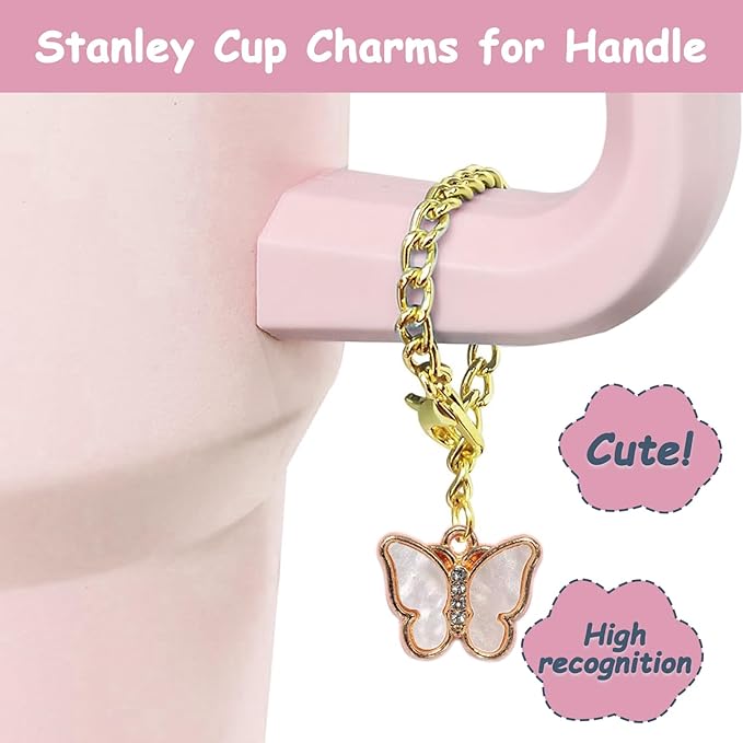 Stanley Cup Accessories Set,Including 2 Pcs 0.4in Straw Cover, 1 Silicone Spill-Proof Stopper Set of 3, 1 Cute Butterfly Handle Charm, 1 Silicone Boot Fits Stanley 40&30 Oz Tumbler (Pink)