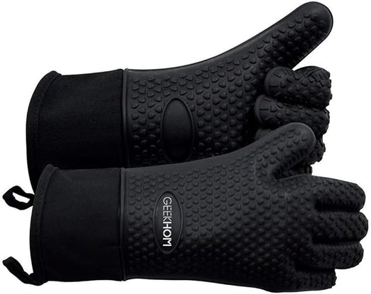 GEEKHOM Silicone Oven Gloves Heat Resistant BBQ Gloves with Cotton Lining for Kitchen Cooking, Baking & Grill Accessories, Waterproof Non-Slip Grill Mitts for Men Women, Dishwasher Safe