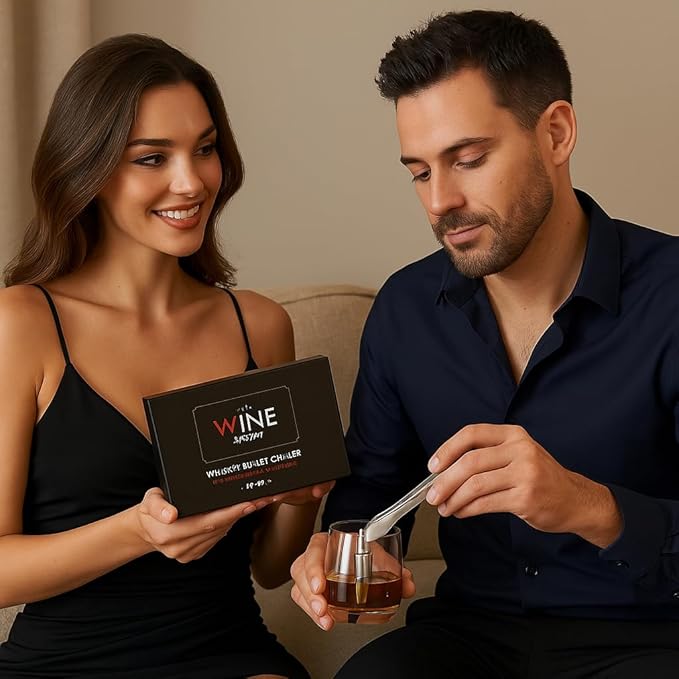 Bullet Whiskey Chillers Stones - Whiskey Rocks by The Wine Savant Set of 6 - Stainless Steel Bullet Shaped Ice Cubes, Gift Box Come, Tongs and Storage Bag, Whiskey or Scotch Rocks (Silver)