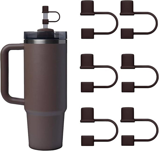 6PCS Silicone Straw Covers Cap Compatible with Stanley Cup 30-40 oz Tumbler with Handle 10mm Straw Toppers Reusable Cover for Stanley Cup Accessories（Coffee-Color）