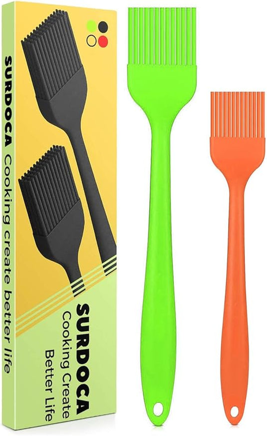 SURDOCA Silicone Pastry Basting Brush - 2Pcs 10 + 8 in Heat Resistant Brush for Baking Cooking Food, BPA Free Kitchen Brush for Sauce Butter Oil, Stainless Steel Core Design for Barbecue BBQ Grilling