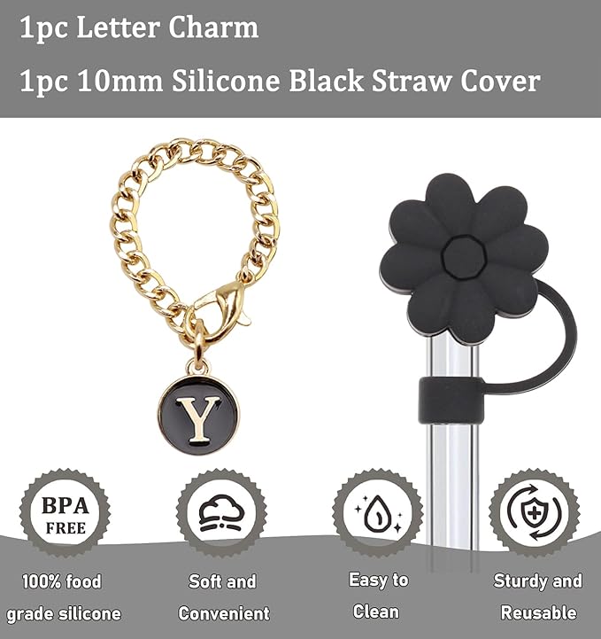 Stanley Cup Accessories, 1pc Flower Stanley Straw Cover Silicone Straw Topper for Stanley 30&40 oz Tumbler with Handle and 1pc Initial Letter Charm for Stanley Cup (Letter Y)