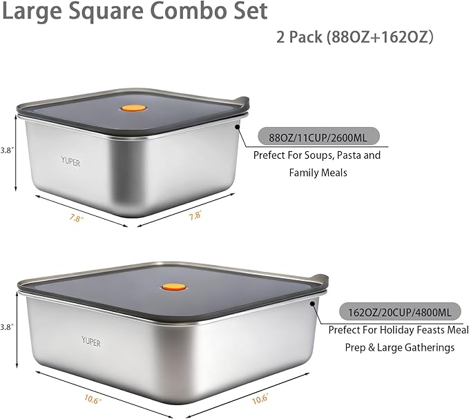 YUPER Stainless Steel Food Containers, Meal Prep Containers, Bacon Cheese Container for Refrigerator, Stainless Steel Containers with Lids Fruit Lunch Storage, 2 Pack (88+162OZ)