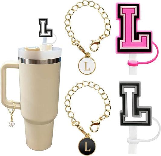 （2+2）2PCS Straw Cover for Stanley Cup 30&40 Oz 10mm Straw Topper with 2PCS Stanley Cup Accessories Letter Charms Name ID Initial Letter Handle Personalized Charm For Stanley Tumbler (Letter L)