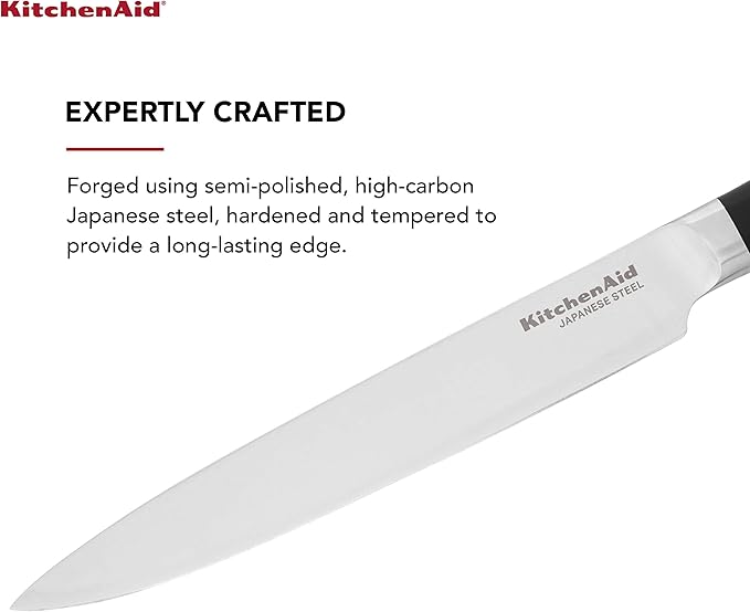 KitchenAid Gourmet Forged Triple Rivet Slicing Knife with Custom-Fit Blade Cover, 8-inch, Sharp Kitchen Knife, High-Carbon Japanese Stainless Steel Blade, Black