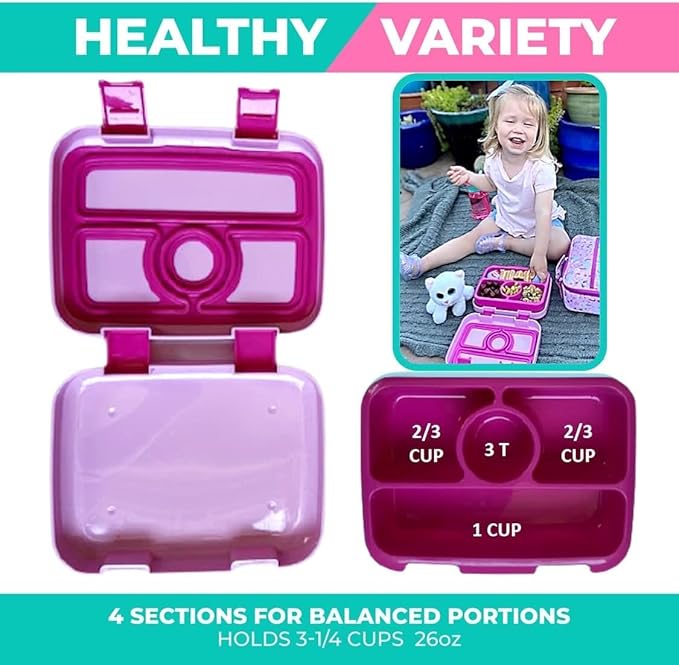 Bento Lunch Box Kids Toddlers: Leakproof Lunch Containers for Boys & Girls with 4 Compartments - School, Daycare, Pre-School, Snack Container with Lid Utensil, BPA-Free Boxes, Age 3+, Pink Unicorn