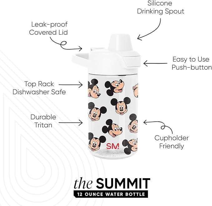 Simple Modern Disney Kids Tritan Plastic Summit Water Bottle | 12 oz BPA-Free Cup with Covered Leak Proof Straw Lid for Boys, Toddlers | Mickey Mouse Fun