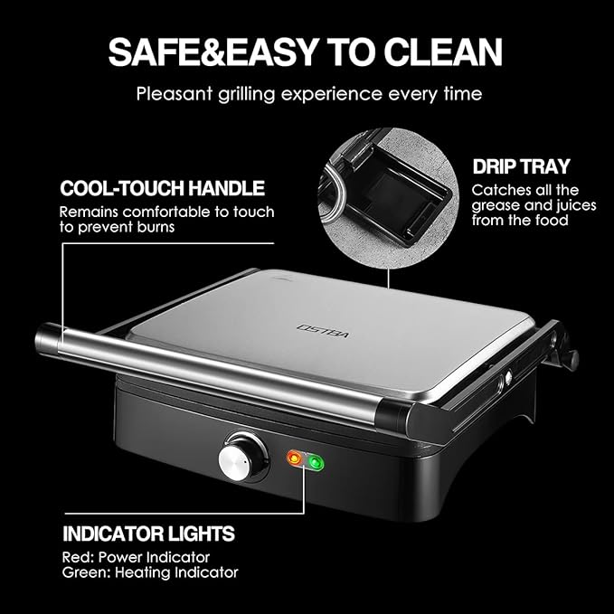 OSTBA Panini Press Grill Indoor Sandwich Maker with Temperature Setting, 4 Slice Large Non-stick Versatile Grill, Opens 180 Degrees to Fit Any Type or Size of Food, Removable Drip Tray, 1200 W
