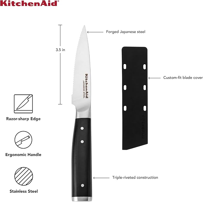 KitchenAid Gourmet Forged Triple Rivet Serrated Paring Knife with Custom-Fit Blade Cover, 3.5-inch, Sharp Kitchen Knife, High-Carbon Japanese Stainless Steel Blade, Black
