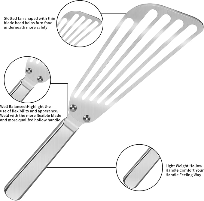 STANFORD Flexible Fish Spatula Stainless Steel -Slotted Thin Egg Flipper with Riveted Handle, Angled Blade & Hollow Grip, Metal Turner for Cooking Fish Egg Pancakes