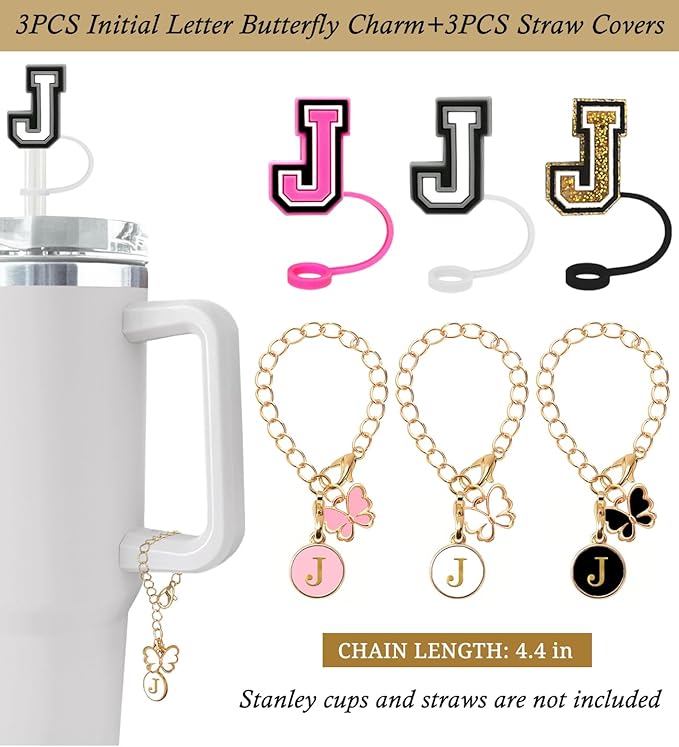 （3 +3) Nuozme Straw Cover Compatible with Stanley Tumbler Cup 3PCS Letter Straw Caps Toppers with 3 Initial Butterfly Charms Name ID For Stanley 30&40 Oz Cup