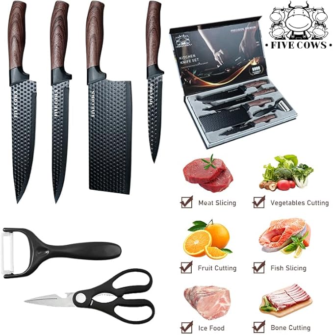 6 Pcs Kitchen Knife Block Set German High Carbon Stainless Steel Chef Knives, Razor-Sharp & Durable, Lightweight Anti-Slip Handle, Professional Set for Home & Kitchen (Brown 6 Piece)
