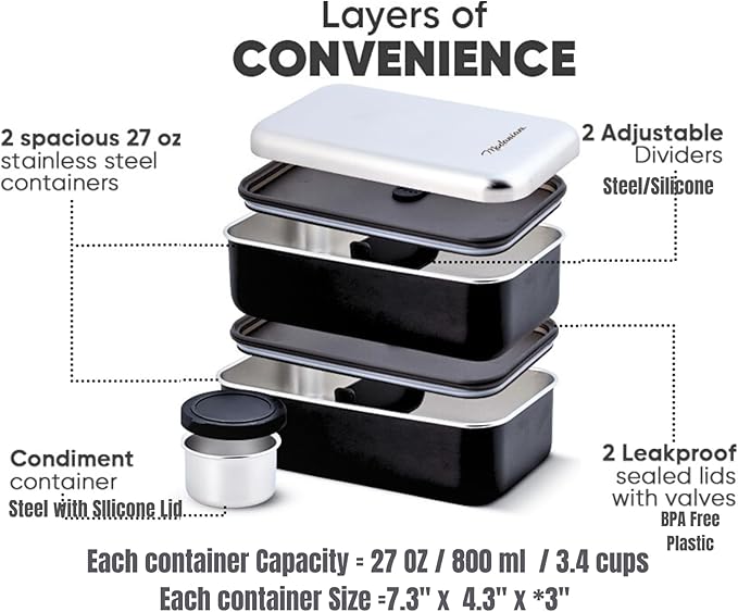 Stackable Stainless Steel Bento Box Adult |leak proof| Stainless Steel Lunch Box container| Metal Bento box|Lunch Container Food storage |large compartment| bentobox| Non toxic|Black