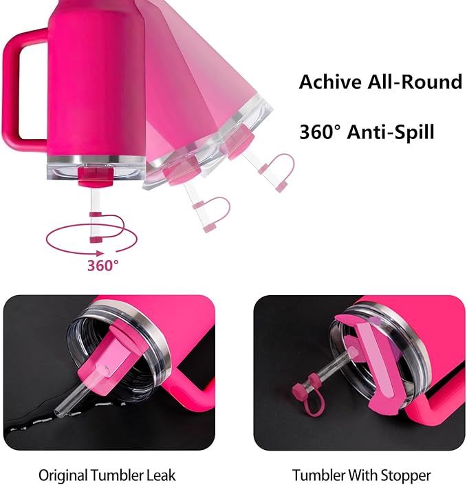 Silicone Spill Stopper Set Compatible with Stanley Cup 2.0 30oz & 40oz with Straw Cover (Set of 2, Rosy)