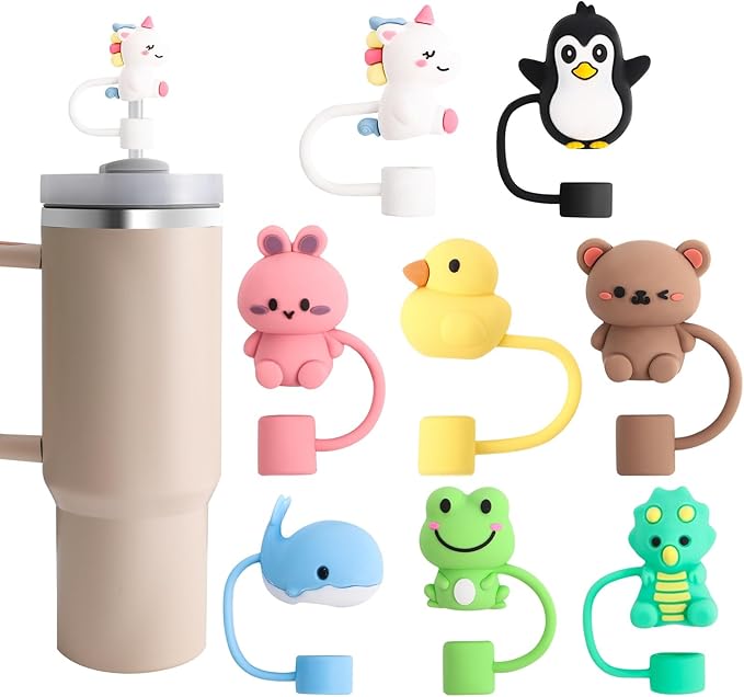 Needbrock 8 PCS Straw Covers Cap, Straw Cover for Stanley 30&40 Oz Tumbler, Silicone Straw Topper Cute Straw Caps in Various Shapes, Reusable Straw Tip Covers for 0.4 Inch/10 mm Straws