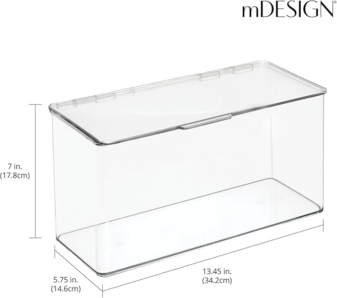 mDesign Plastic Bathroom Storage Organizer Box Containers with Hinged Lid for Vanity Drawers - Holds Lotions, Face Towels, Cotton Swabs, Soap, or Accessories - Lumiere Collection - 4 Pack - Clear