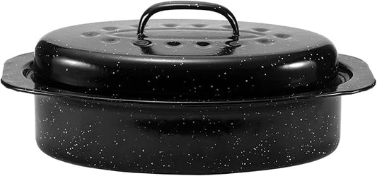 JY COOKMENT Granite Roaster Pan, Small 13” Enameled Roasting Pan with Domed Lid. Oval Turkey Roaster Pot, Broiler Pan Great for Small Chicken, Lamb. Dishwasher Safe Cookware Fit for 7Lb Bird