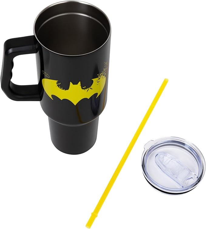Silver Buffalo DC Comics Batman Logo Stainless Steel Tumbler with Handle and Straw, Fits in Standard Cup Holder, 40 Ounces