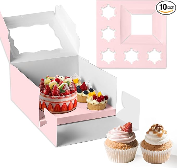 Pink 1+5 paper box 10pcs Bakery Boxes with Window,Stackable Cake and Cupcake Carriers, for Birthdays & Parties (Pink, 1+5(10Pack))