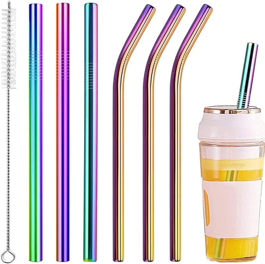 Vinaco Reusable Smoothie Straw, 0.4'' Extra Wide Stainless Steel Straw 10.5'' & 8.5'' Long colorful Straws, 6 Pack Metal Straw with 1 Reusable Straw Brush Cleaner for Milkshake, Smoothie, Bubble tea