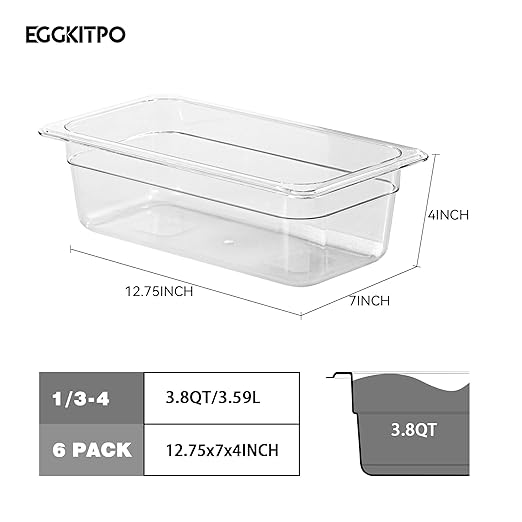 6-Pack 1/3 Size Food Pan 4 Inch Deep BPA Free Polycarbonate Food Storage Containers for Kitchen Stackable Clear Hotel Pan for Buffet Party Supplies Freezer Safe