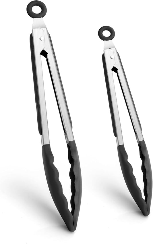 Kitchen Tongs 2 Pcs Tongs for Cooking Black Silicone Tongs 7 Inch 9 Inch Stainless Steel Locking Food Tongs with Silicone Tips Heat Resistant Serving Tong for BBQ Food Grilling Salad Kitchen Utensils