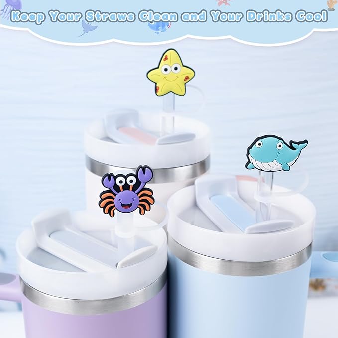 9PCS Straw Covers for Stanley Cup Tumbler 30 oz / 40 oz Leak Proof Straw Toppers 10mm Silicone Sea Animal Caps for Stanley Cup Accessories-Marine Wildlife