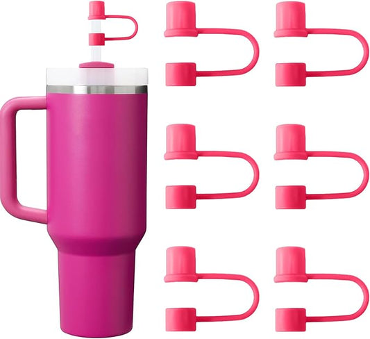 6PCS Silicone Straw Covers Cap Compatible with Stanley Cup 30-40 oz Tumbler with Handle 10mm Straw Toppers Reusable Straw Cover for Stanley Cup Accessories （Rose Red）