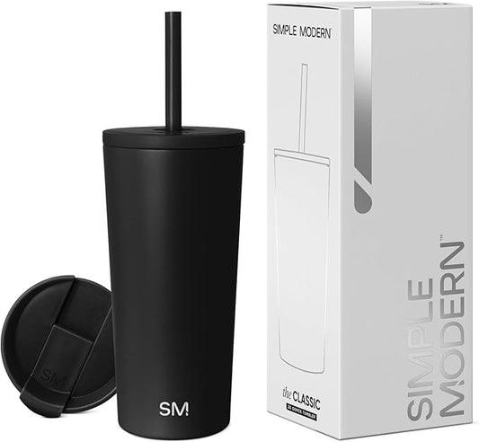 Simple Modern Insulated Tumbler with Lid and Straw | Iced Coffee Cup Reusable Stainless Steel Water Bottle Travel Mug | Gifts for Women Men Her Him | Classic Collection | 20oz | Midnight Black