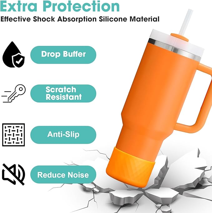 Upgrade 2PCS Protective Silicone Boot Bumper for Stanley Quencher Adventure 40oz 30oz IceFlow 20oz 30oz Tumbler, Water Bottle Bottom Sleeve Cover Accessories for Stanley Mug Cup(Orange)