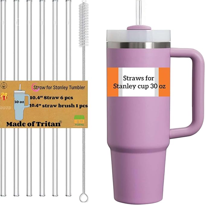 Replacement Straw for Stanley 30 oz Tumbler | 10.4 inch Reusable Straw Compatible with Stanley Travel Quencher | 6 Pack BPA Free Reusable Straws W/1 Cleaning Brush | Tritan,Drinking Accessories, Clear