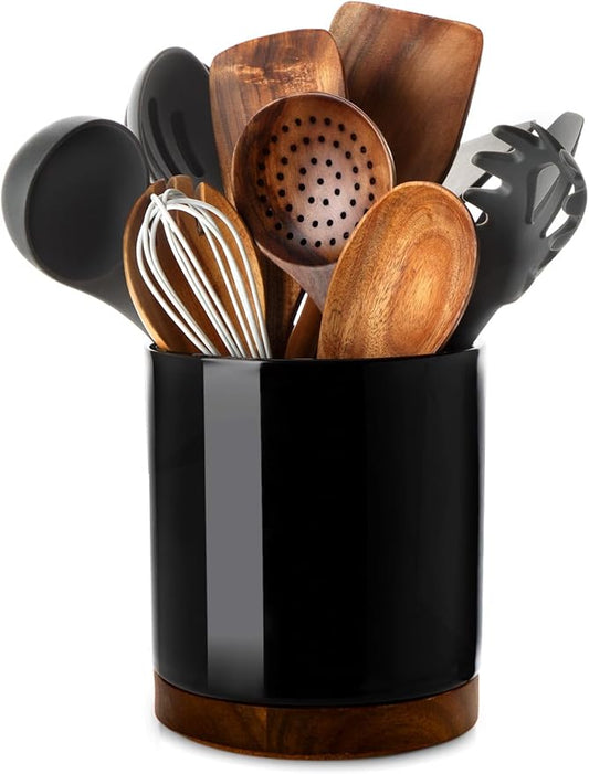 Nucookery 360° Rotating Utensil Holder, 7.2" Large Utensil Crock, White Ceramic Cooking Utensil Organizer with Countertop-Protection Cork Bottom for Farmhouse Kitchen Decor Gift (Black)