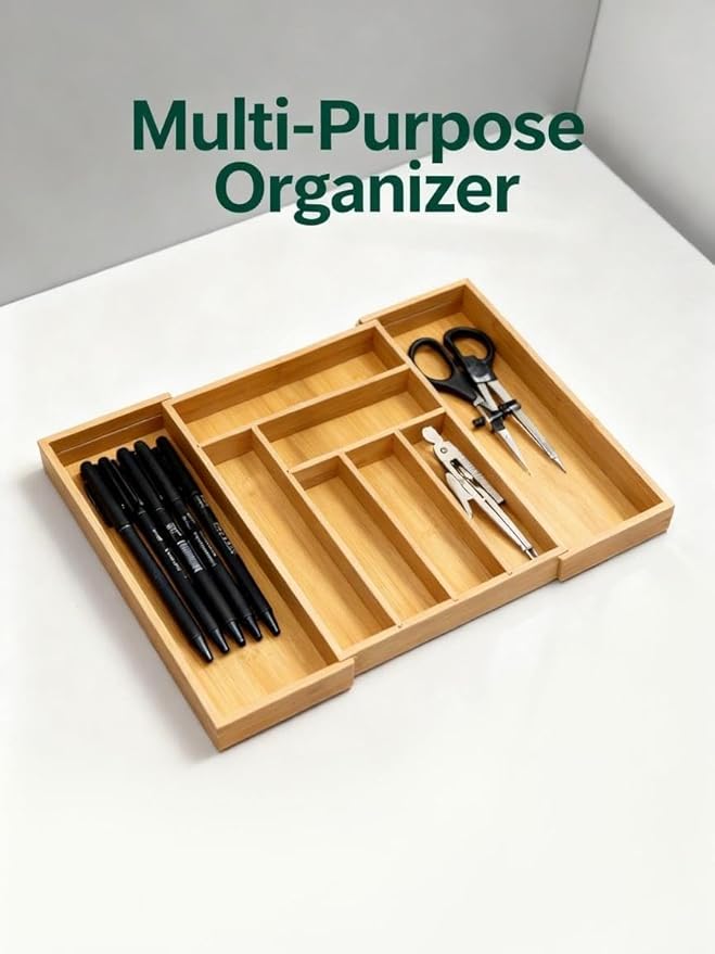 QUEENKAY Bamboo Expandable Drawer Organizer for Utensils Holder, Wood Drawer Dividers for Silverware, Flatware, Knives in Kitchen, Bedroom, Living Room